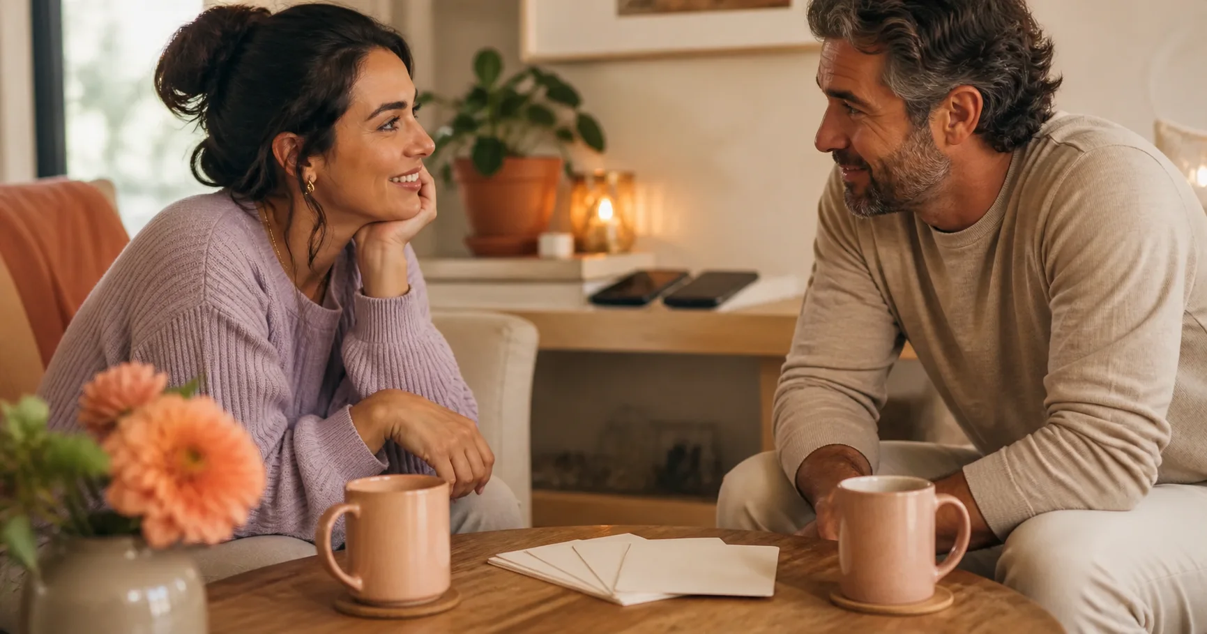A couple sitting close together at home and having a calm, meaningful conversation