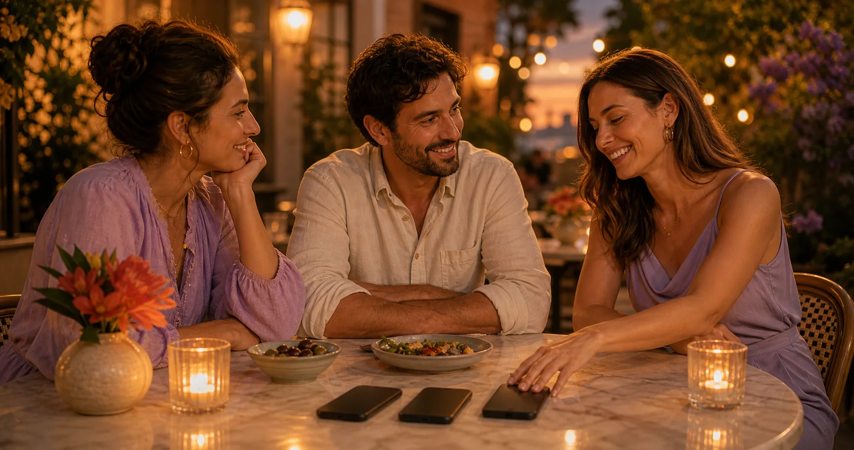 Three friends voluntarily placing their phones face down before spending time together