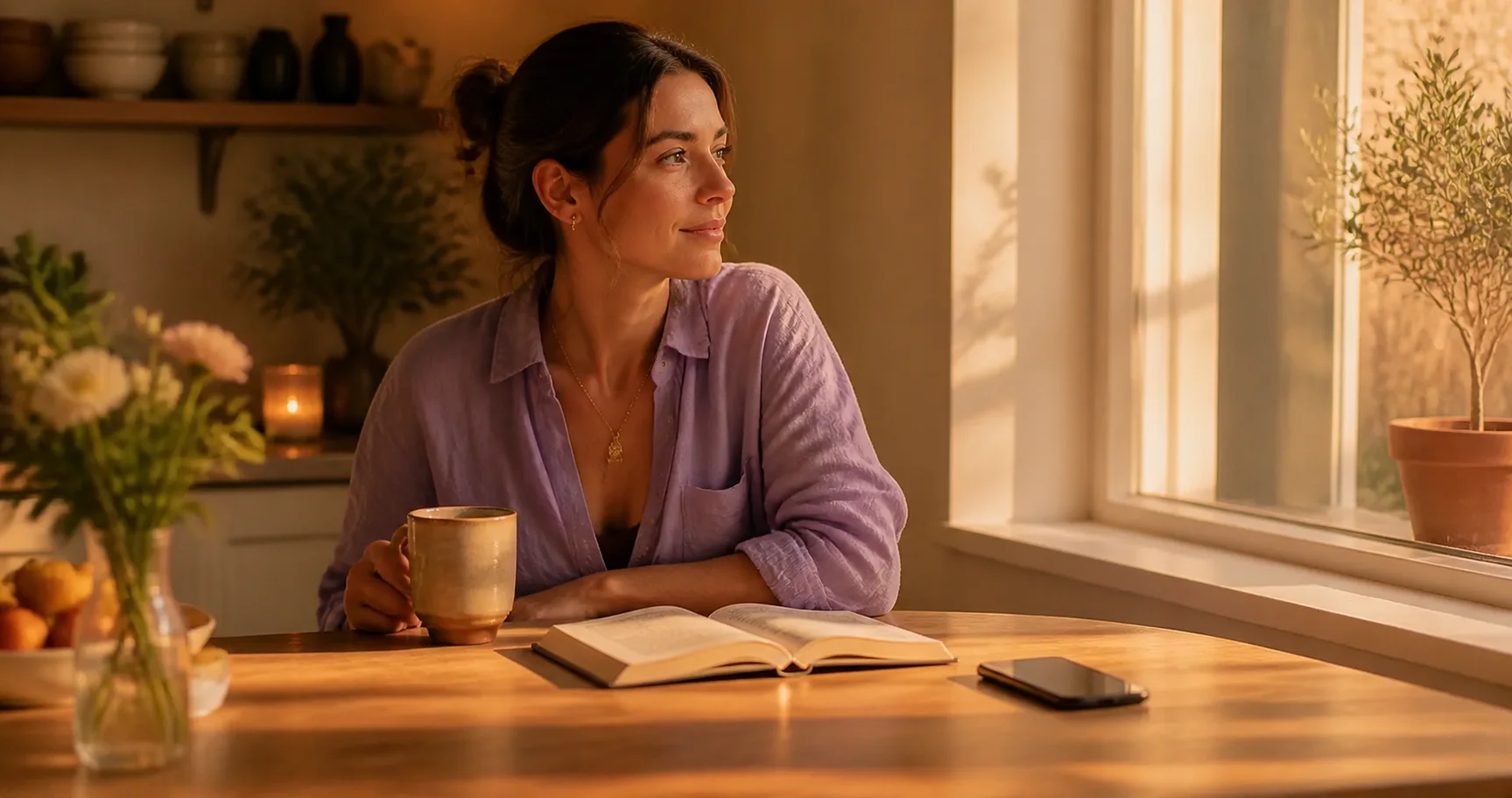 A woman enjoying a quiet morning while her phone rests face down beside a book