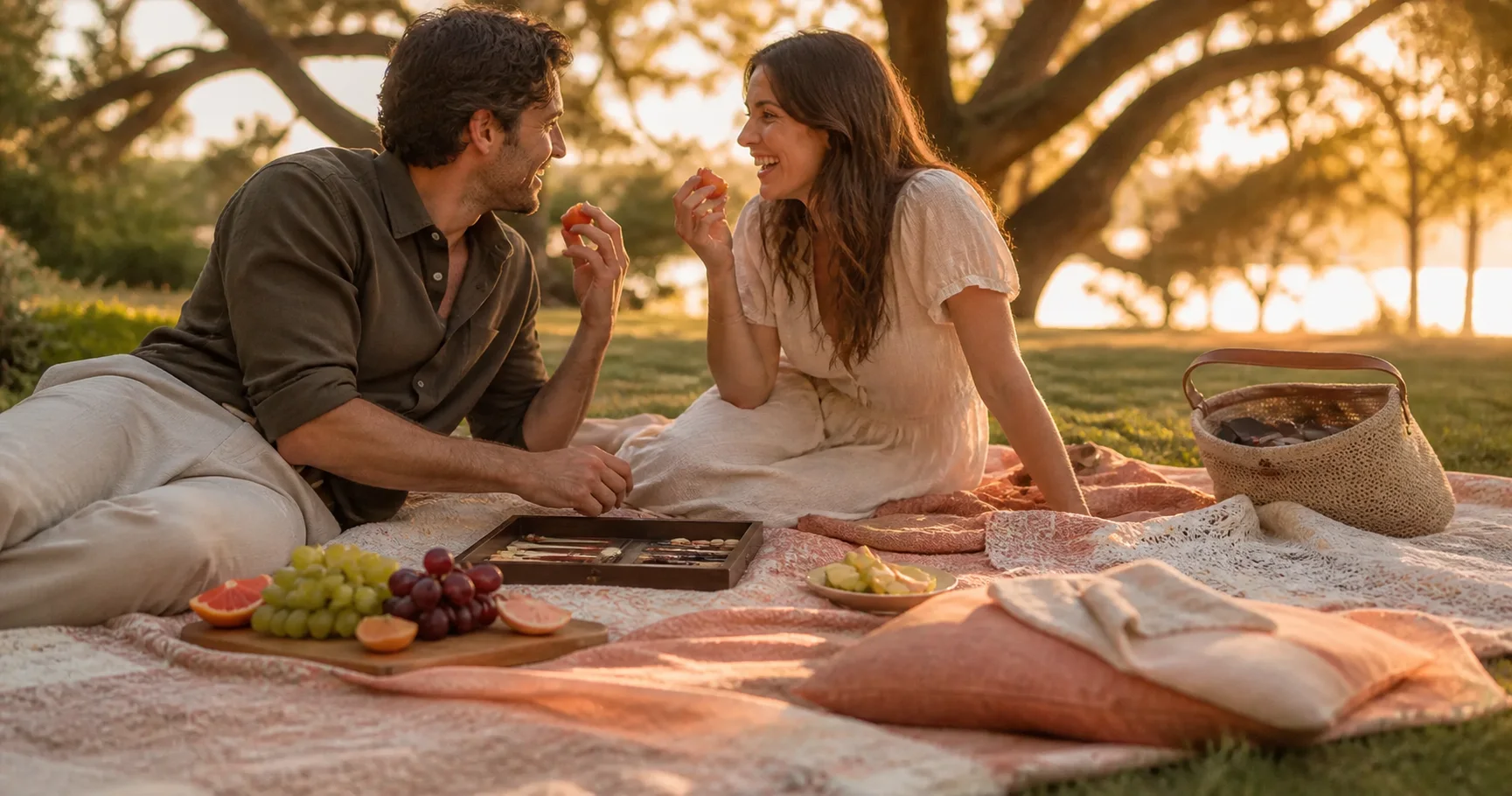 A couple enjoying a relaxed picnic while their phones remain tucked away