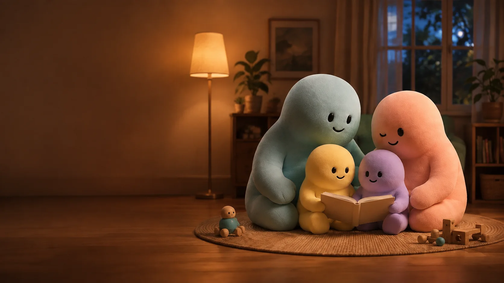 Four soft DuoLock mascots reading together in a cozy living room