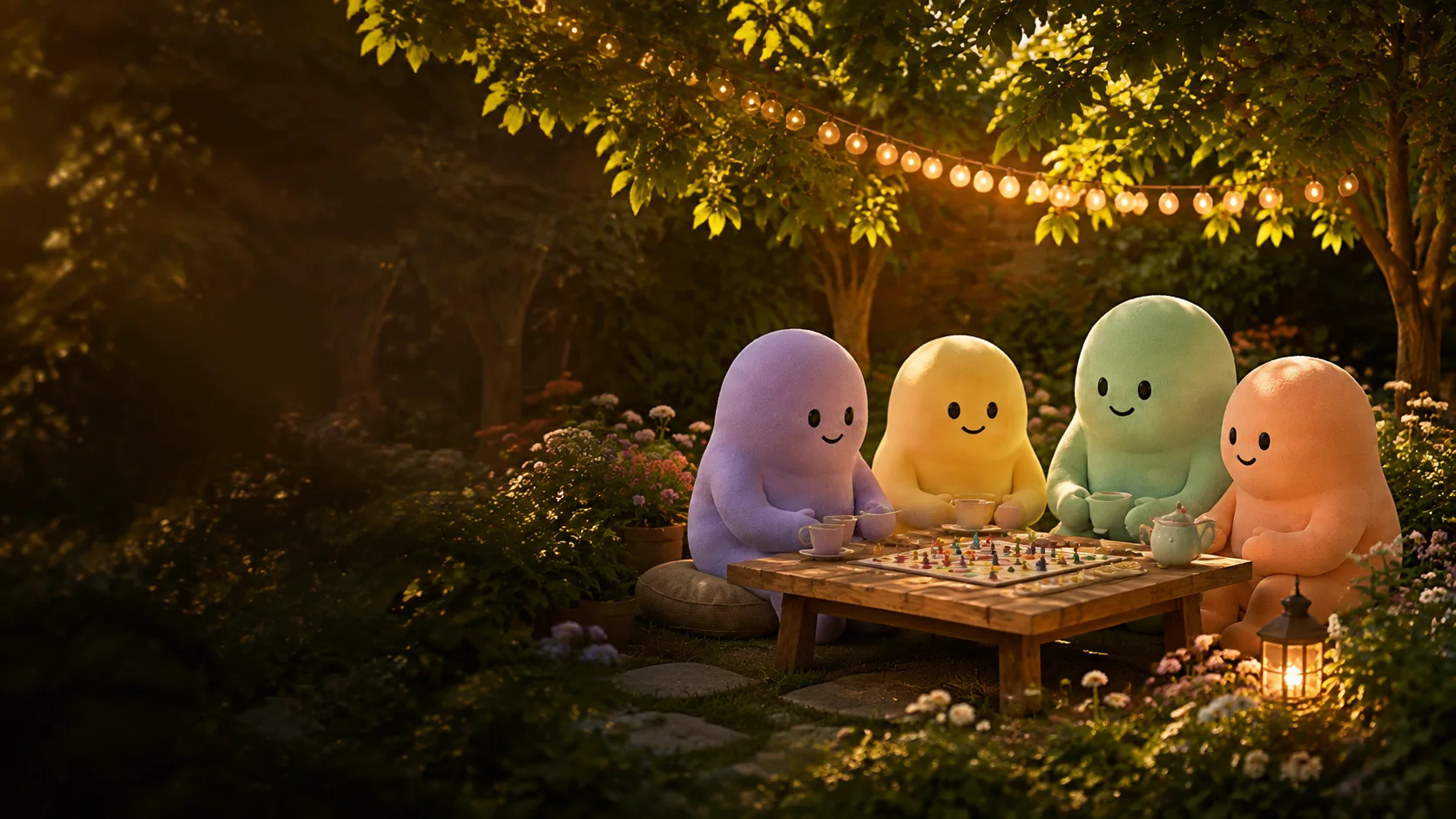 Four soft DuoLock mascots playing a board game in the garden