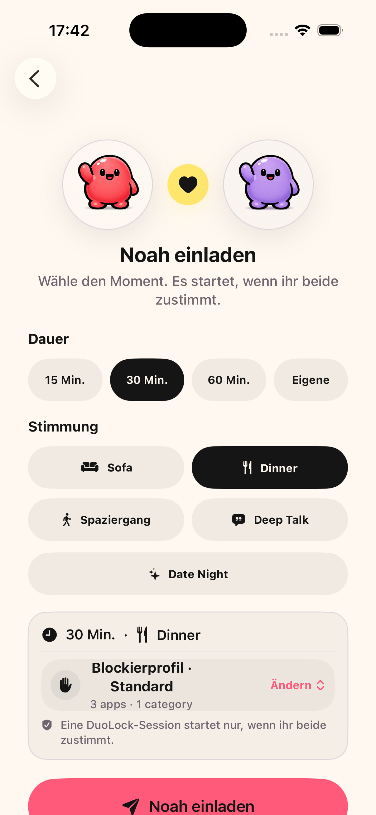 DuoLock Produktansicht auf Deutsch: gemeinsame Einladung und Zustimmung